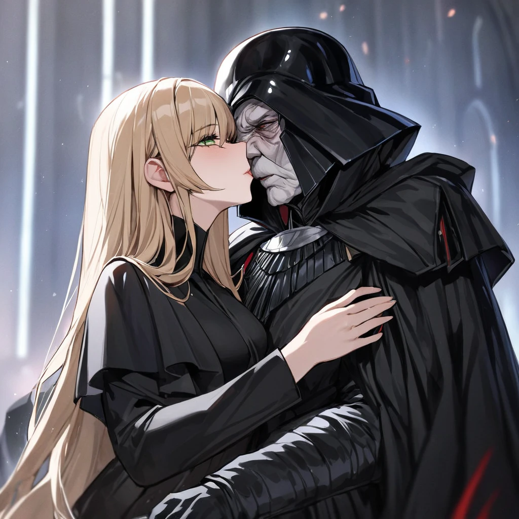 ((Highest quality)), ((masterpiece)), (detailed), （Perfect Face）、The woman is Tiare, a beautiful Space Imperial Army officer with green eyes and medium-long blonde hair, wearing a Space Imperial Army uniform and military cap.、The woman pledges her loyalty to Emperor Palpatine, and they embrace, love, and kiss.、The woman is standing close to the Emperor, and the dignified old Emperor Palpatine is holding her close, kissing her and loving her.、The man is Darth Sidious, Emperor Palpatine, Dark Lord of the Sith, a wrinkled, dignified, ugly old man wearing a black hooded robe, embracing, kissing and fondling a woman.