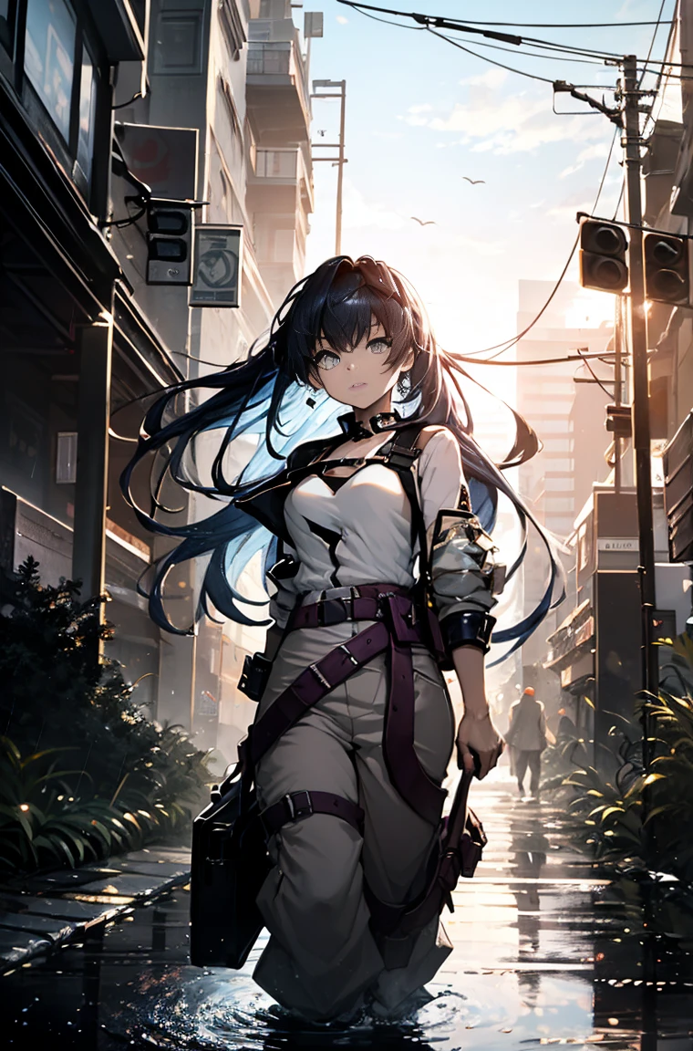 A masterpiece,White shirt，best quality, Illustration style，Large aperture portrait， Anime Girl, beautiful eyes, summer, Wide leg pants, small, Heartwarming, Youthful and beautiful,,Regular Clothes，Black and white,, showing a natural casual style. Dynamic posture contains the golden ratio, China, White space, Strong contrast between light and shadow, Super texture, Super clear and concise pictures, presenting extremely beautiful, Elegant temperament, subtle facial expressions, City background, rain, Road area water reflection，one person