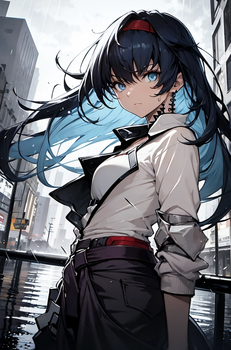 A masterpiece,White shirt，best quality, Illustration style，Large aperture portrait， Anime Girl, beautiful eyes, summer, Wide leg pants, small, Heartwarming, Youthful and beautiful,,Regular Clothes，Black and white,, showing a natural casual style. Dynamic posture contains the golden ratio, China, White space, Strong contrast between light and shadow, Super texture, Super clear and concise pictures, presenting extremely beautiful, Elegant temperament, subtle facial expressions, City background, rain, Road area water reflection，one person