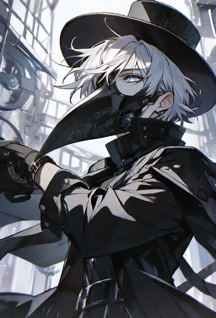 solo, handsome, 1 male, short hair, white color hair, white eyes, black coat, black plague doctor mask, black gloves, black top hat