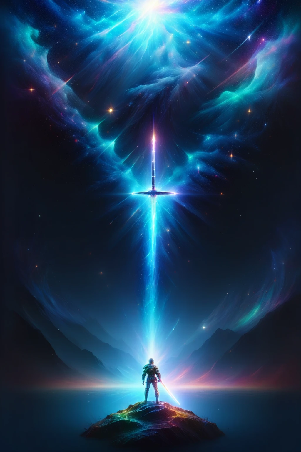 un homme debout sur une colline avec une épée devant un ciel étoilé, par Christopher Balaskas, fond d&#39;écran de téléphone hq 4k, halo infini!!, halo infini, Art clé, inspired par Christopher Balaskas, Affiche SCI - FI, oeuvre de science-fiction, fond d&#39;écran hd 4k, d&#39;un film de science-fiction 8k de 2 0 1 9