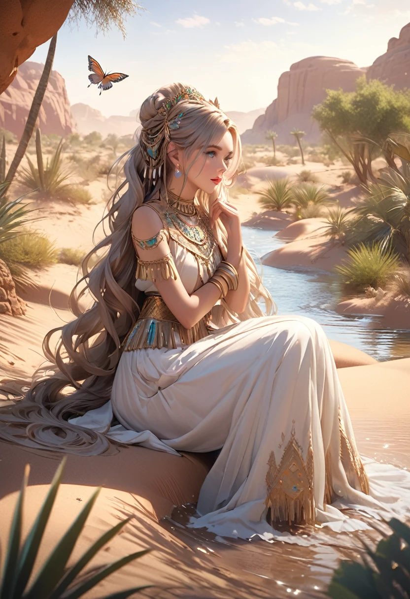 a cute desert princess, sitting down in a small oasis in the desert, combing hair with both hands:1.5, national costume of desert people, desert creatures watching around her, detailed face, beautiful eyes, long eyelashes, detailed lips, intricate jewelry, flowing hair, shimmering water, lush desert foliage, warm desert lighting, desert and oasis landscape back ground, soft pastel colors, cinematic composition, photorealistic, 8k, high quality, digital art