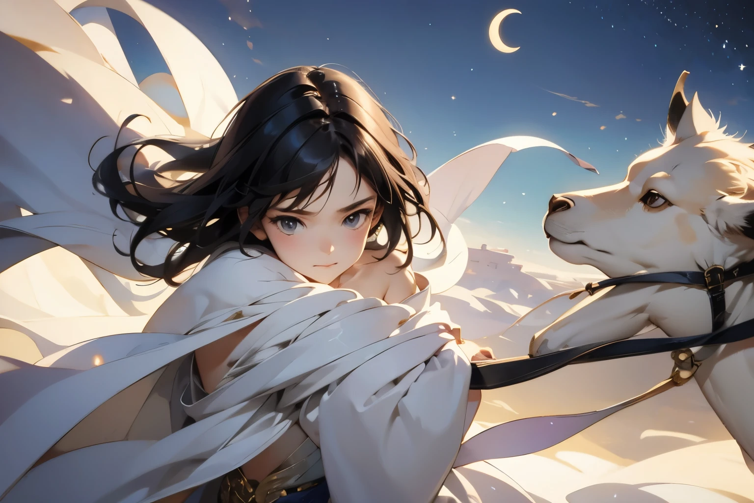 Moonlit Night、(Crescent Moon)、A young princess travelling through the moonlit desert、Beautiful Face、(With camels)、Wearing a loose, thin silk robe、In the middle of a vast desert、Sand dunes stretching to the horizon、Clear night sky、Capturing the essence of determination and wisdom、Subtle warm tones、High resolution、Super detailed、