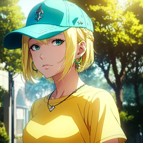 masterpiece, best quality, illustration, 1girl, , aqua eyes, baseball cap, blonde hair, closed mouth, earrings, hat, hoop earrin...