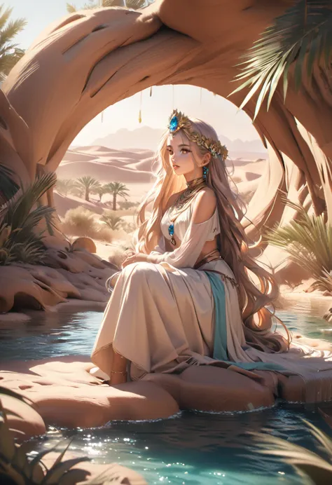 a cute desert princess, sitting down in a small oasis in the desert, combing hair with both hands:1.5, national costume of deser...
