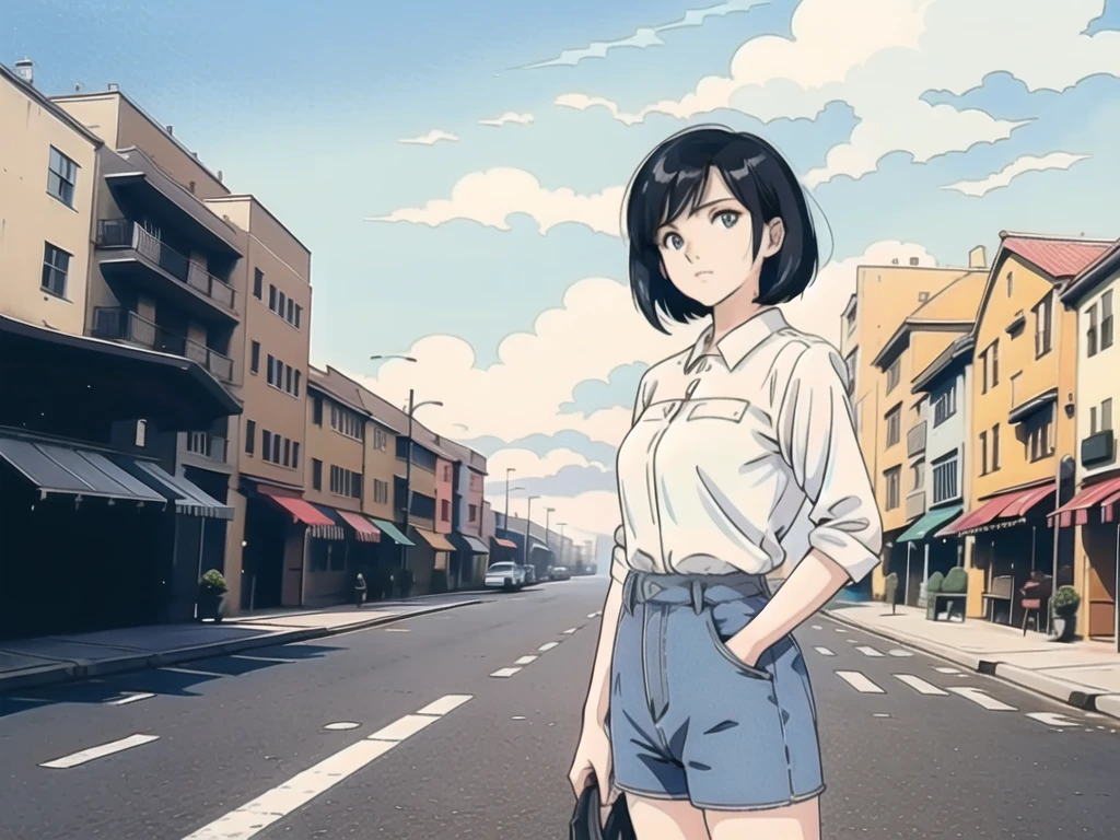 a beautiful woman with short black hair wearing denim shorts, standing outdoors in an urban landscape with buildings, streets, blue sky and clouds, cowboy shot, masterpiece, high quality, colorful, delicate eyes and face, volumetric lighting, ray tracing, extremely detailed CG Unity 8k wallpaper, alone