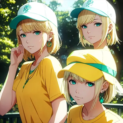 masterpiece, best quality, illustration, 1girl, , aqua eyes, baseball cap, blonde hair, closed mouth, earrings, hat, hoop earrin...