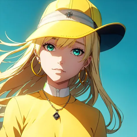 masterpiece, best quality, illustration, 1girl, , aqua eyes, baseball cap, blonde hair, closed mouth, earrings, hat, hoop earrin...