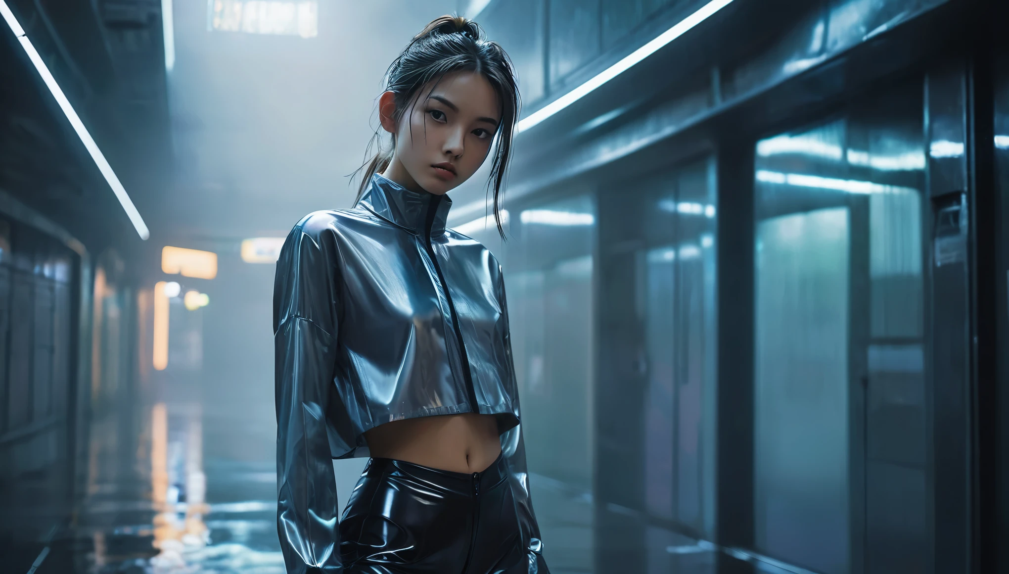 Top Quality, Masterpiece, High Resolution, 8k, (((cute skinny barely legal girl in oversized Polyester shirt and wetlook leggings, bare belly, wide neckline, deep neckline, small perky breasts, beautiful detailed eyes, beautiful detailed lips, small closed mouth, extremely detailed face, long ponytail hair, small hips))), cyberpunk apartment, moody atmosphere, dramatic and random neon colors, futuristic setting, intricate details, at night, backlit, full body shot, view from distance 