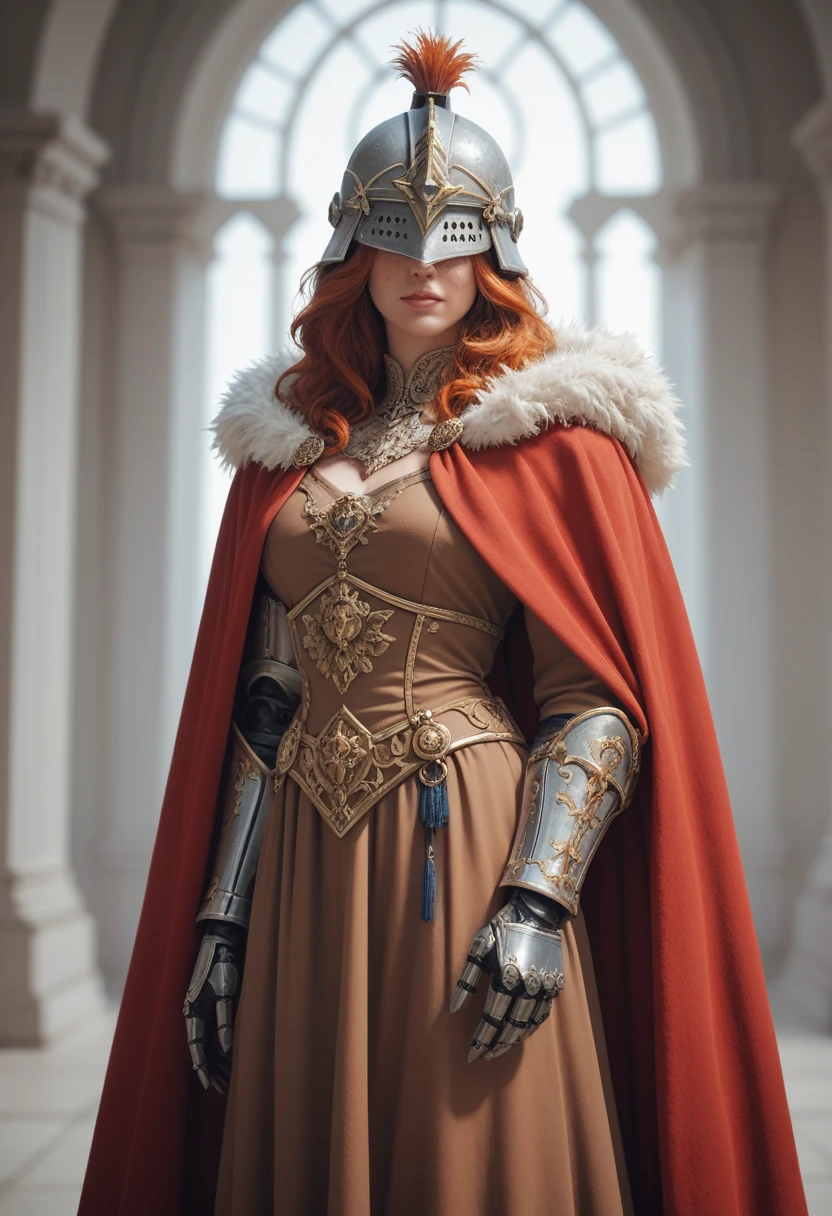 score_8_superior, score_6_superior, 8K RAW Photos, Marenia Diff, Redhead, eyes covered, Helmet, Fur trim, Brown Dress, Red Cape, armor, One scar on the arm, Single Mechanical Arm, Mechanical foot 