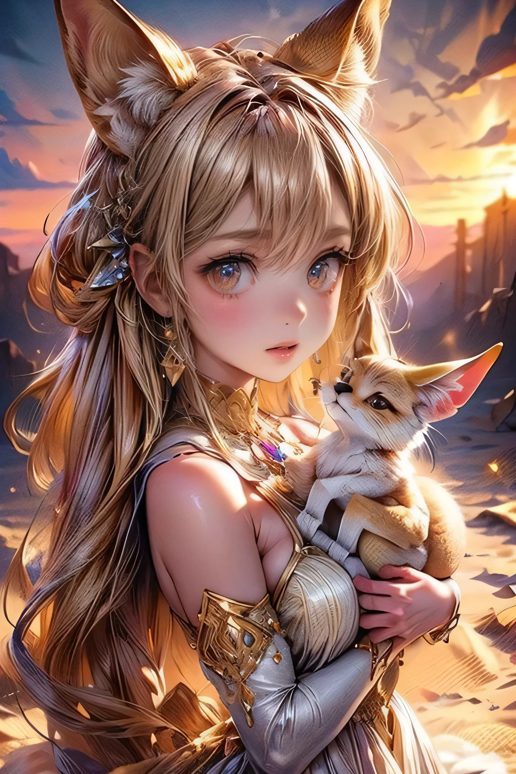 a cute fennec fox girl in the sandy desert, desert princess, all fours, holding a fennec fox:1.5, extremely detailed and realistic, large fluffy ears, beautiful detailed eyes, beautiful detailed face, beautiful detailed lips, porcelain skin, flowing hair, elegant ornate dress, mystical sandy desert landscape, golden hour lighting, cinematic composition, vibrant colors, richly detailed, photorealistic, 8k, best quality