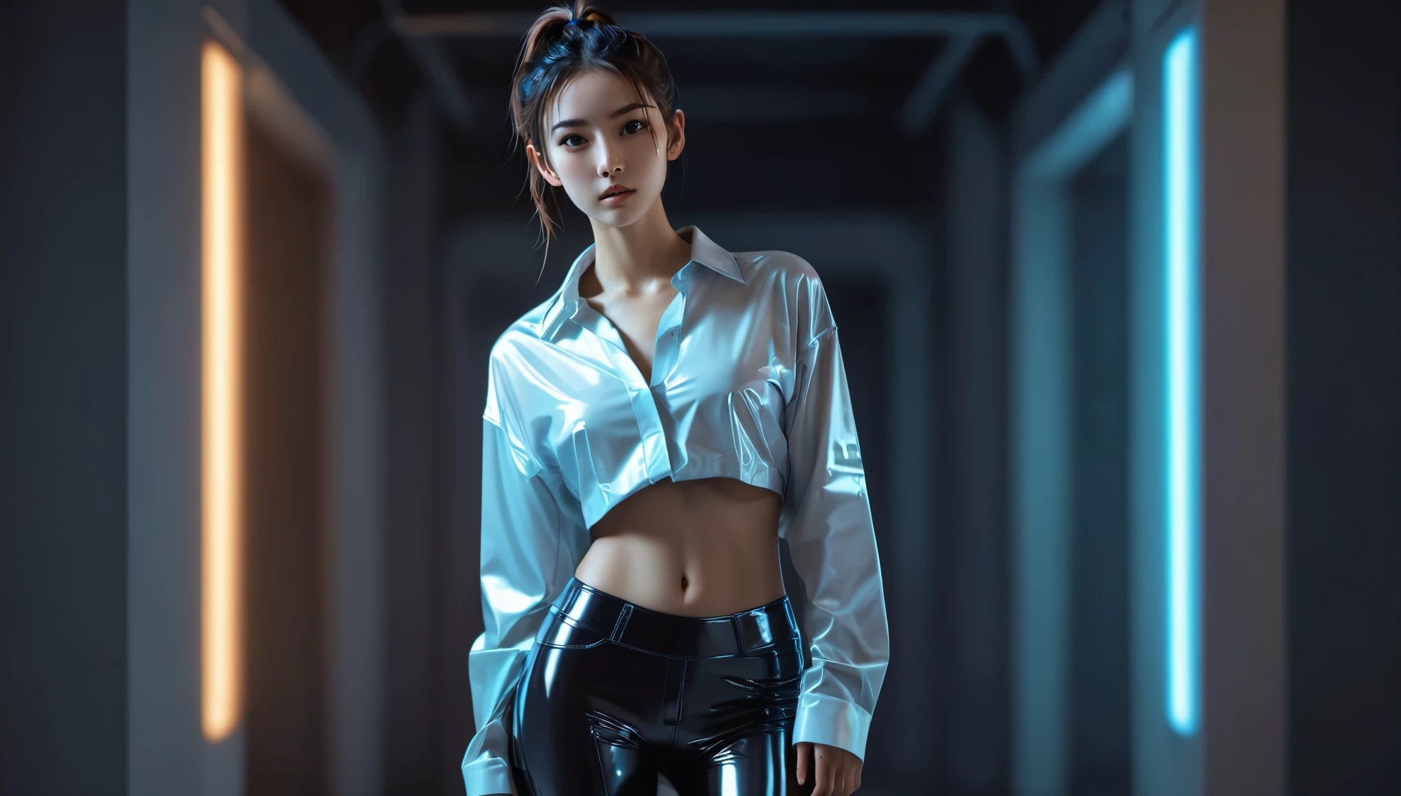 Top Quality, Masterpiece, High Resolution, 8k, (((cute skinny barely legal girl in oversized Polyester shirt and wetlook leggings, bare belly, wide neckline, deep neckline, small perky breasts, beautiful detailed eyes, beautiful detailed lips, small closed mouth, extremely detailed face, long ponytail hair, small hips))), cyberpunk apartment, moody atmosphere, dramatic and random neon colors, futuristic setting, intricate details, at night, backlit, full body shot, view from distance 