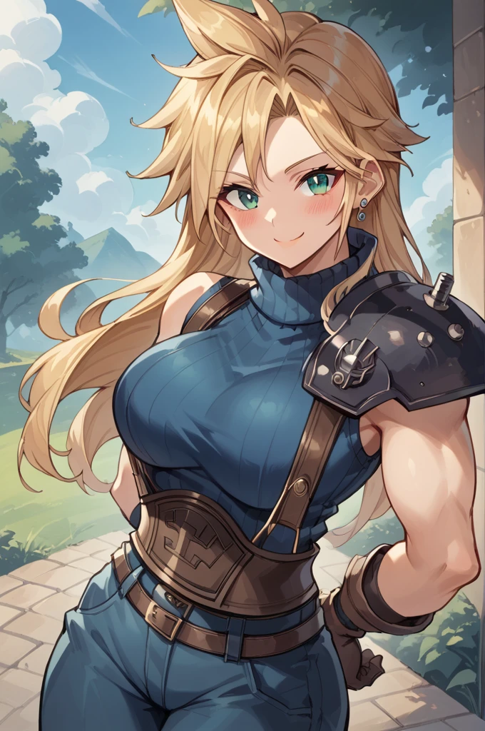 (source_anime:1.1), score_9, score_8_up, score_7_up, masterpiece, best quality, masterfully detailed, 1girl, solo, (defCloud:1.1), blonde hair, long hair, green eyes, large breasts, single earring, suspenders, shoulder armor, sleeveless turtleneck, baggy pants, blue pants, belt, gloves, blush, hands behind back, cute pose, smile, outdoors,
