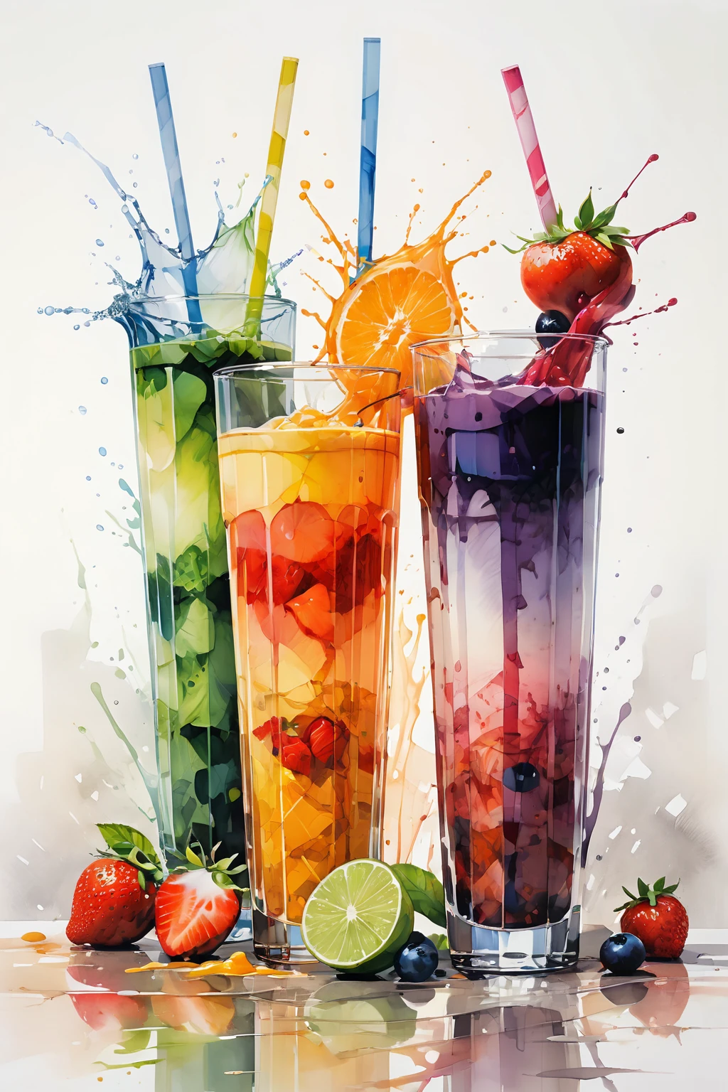 there are two types of colorful healthy drinks served in two glasses, the glasses sitting on a surface, juices, smoothie and infused water , illustration, isolated with solid white background, surrounded with negative space, centered composition, highest detailed painting, very precise line, Isolated, clear solid white background, perspective angle of view, ((watercolor:1.5)), (lora:add-detail-xl:1), (masterpiece), (best quality), no bread on the floor, washed out color, oil and watercolor painting