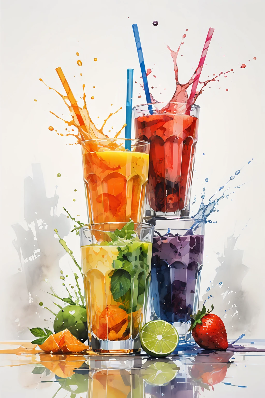 Es gibt zwei Arten von bunten gesunden Getränken in zwei Gläsern serviert, die Gläser stehen auf einer Oberfläche, Säfte, Smoothie und aromatisiertes Wasser , Illustration, isoliert mit solidem weißem Hintergrund, umgeben von negativem Raum, zentrierte Komposition, höchste detailreiche Malerei, sehr präzise Linie, isoliert, klarer, fester weißer Hintergrund, perspektivischer Blickwinkel, ((Aquarell:1.5)), (Lora:Detail hinzufügen-xl:1), (Meisterwerk), (beste Qualität), kein Brot auf dem Boden, verwaschene Farbe, oil and Aquarell painting