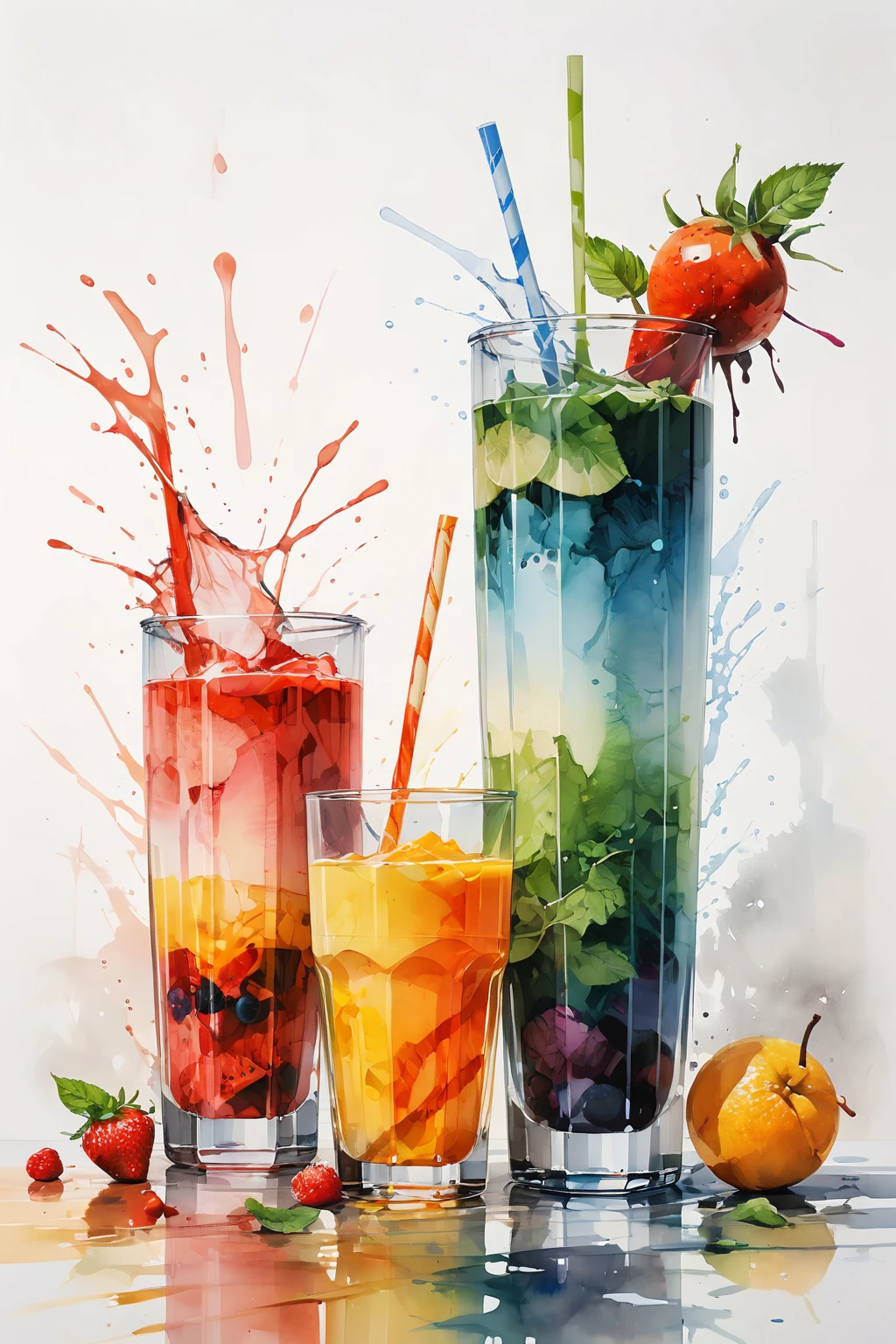 Es gibt zwei Arten von bunten gesunden Getränken in zwei Gläsern serviert, die Gläser stehen auf einer Oberfläche, Säfte, Smoothie und aromatisiertes Wasser , Illustration, isoliert mit solidem weißem Hintergrund, umgeben von negativem Raum, zentrierte Komposition, höchste detailreiche Malerei, sehr präzise Linie, isoliert, klarer, fester weißer Hintergrund, perspektivischer Blickwinkel, ((Aquarell:1.5)), (Lora:Detail hinzufügen-xl:1), (Meisterwerk), (beste Qualität), kein Brot auf dem Boden, verwaschene Farbe, oil and Aquarell painting