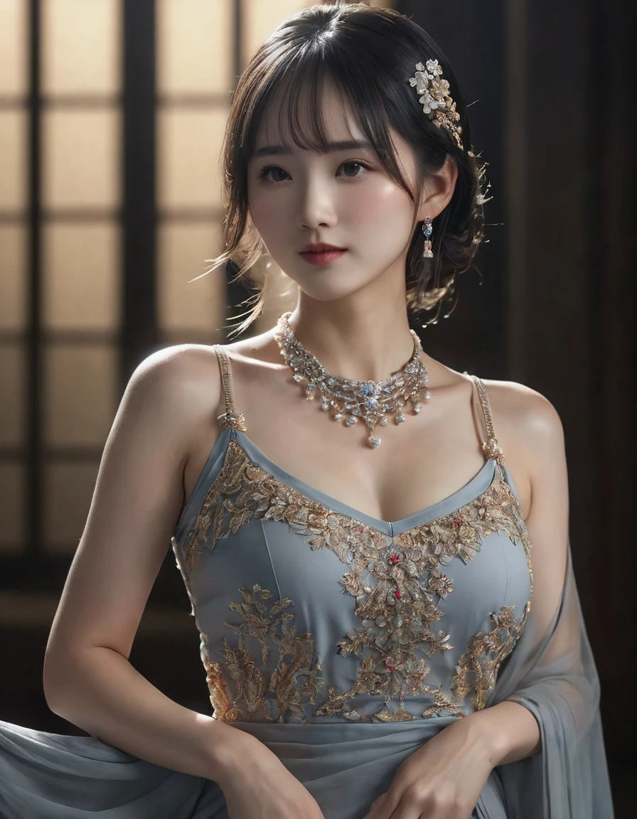 best quality, masterpiece, highres, 1girl, china dress, hair ornament, necklace, jewelry, Beautiful face, upon_body, tyndall effect, photorealistic, dark studio, rim lighting, two tone lighting, (high detailed skin:1.2), 8k uhd, dslr, soft lighting, high quality, volumetric lighting, candid, Photograph, high resolution, 4k, 8k, Bokeh, medium breasts,