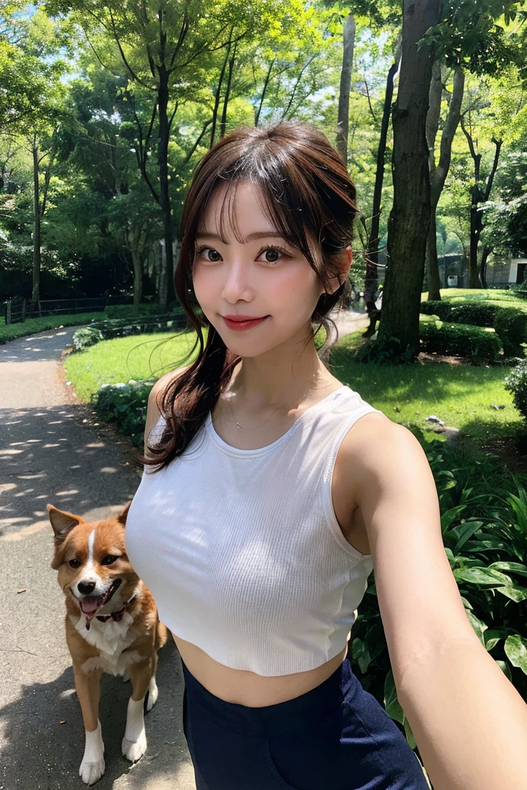 「Busty beauty takes a shortcut while running with her dog in the park, Light sweating、The skin is slightly damp. Bright, Sunny Sunday morning, In the middle of a well-maintained tree-lined path in a vast forest.”