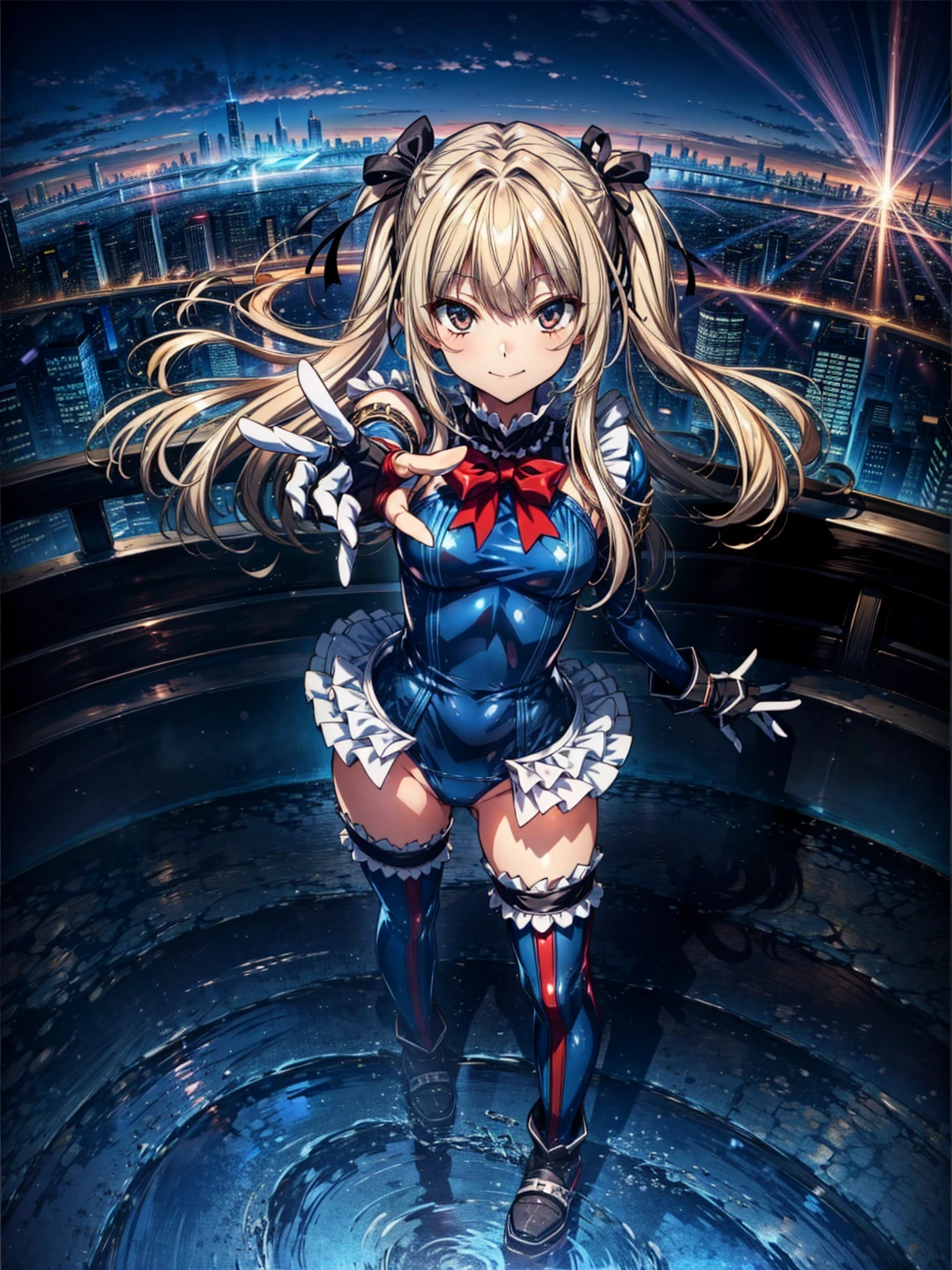 finest masterpiece, Super detailed, Highest quality, Sharp focus, 12k, ultra hi resolution picture, big ,12k,Perfect Anatomy, Highest quality, Marie Rose,Wicked Smile,Provocative attitude
,,Wicked Smile,Anime Style,(Frilled swimsuit, Knee socks, Removed sleeve), (Anime Style:1.4) ,
,(White fingers:1.1,Black gloves),
Hollow Eyes,,One Girl、(Futuristic cityscape),,(whole body:1.3),横から
