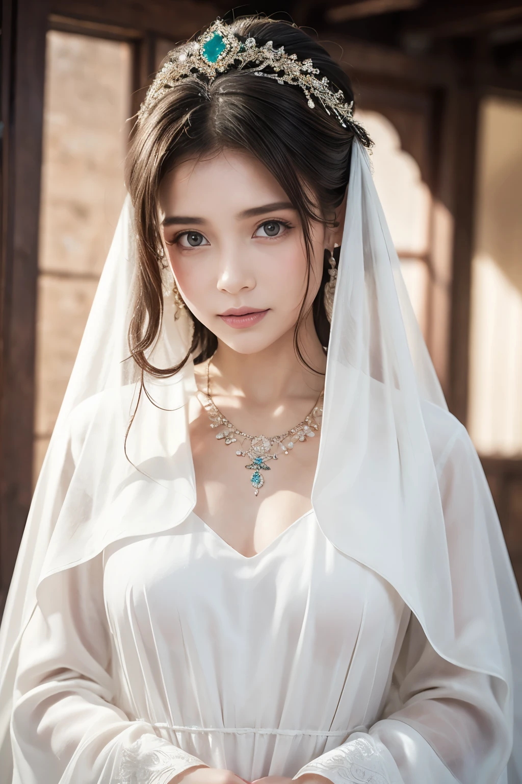 1 Beautiful Woman，Desert Princess（（（The eyes are very delicate）））（（（Hair accessories）））（（（veil（24））））（（（veil））），necklace，Wearing a white conservative silk dress， ((Radiant skin))（（（masterpiece）））， （（best quality））， （（Intricate details））， （（Surreal））（8K）