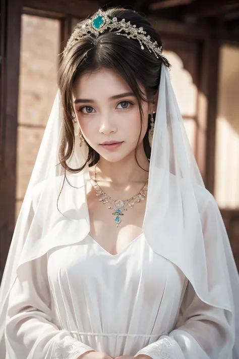 1 Beautiful Woman，Desert Princess（（（The eyes are very delicate）））（（（Hair accessories）））（（（veil（24））））（（（veil））），necklace，Wearing...