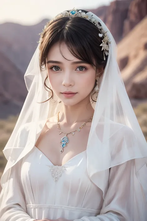 1 beautiful woman，desert princess（（（the eyes are very delicate）））（（（hair accessories）））（（（veil（24））））（（（veil））），necklace，wearing...