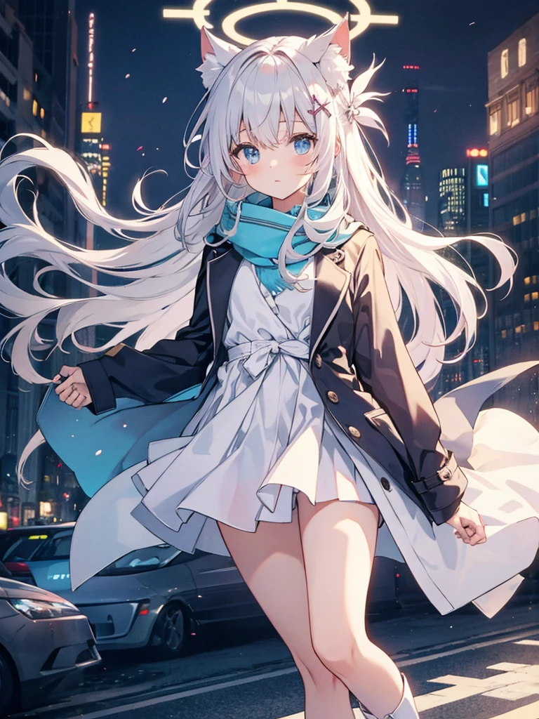 White silk tights，Short skirt，Boots，Lining，coat，White long hair，A cat lady，Loli，small headdress，White, light blue, light pink，Standing，Halo