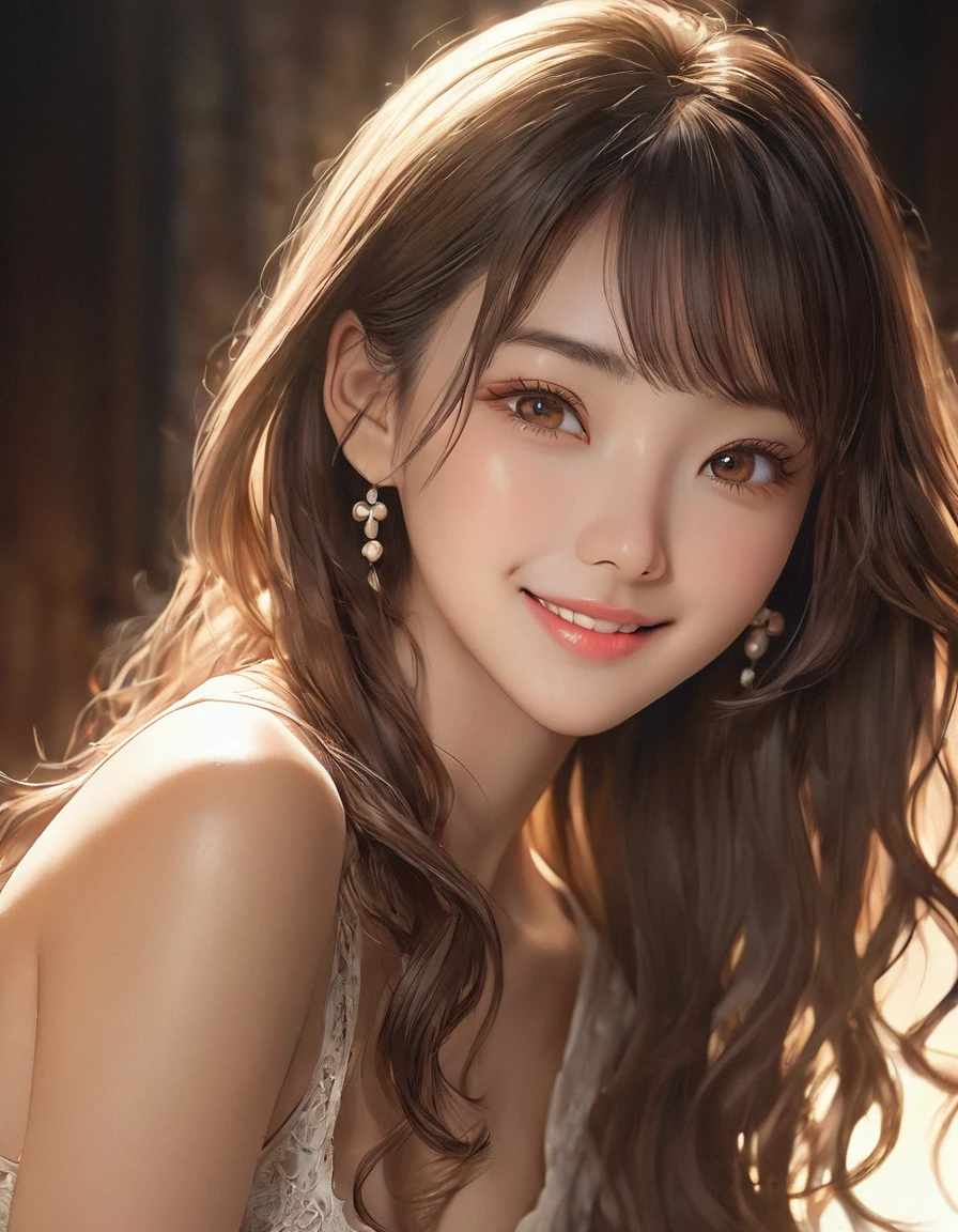 (masterpiece, best quality:1.2), 1girl, solo, Asian girl, beautiful detailed eyes, beautiful detailed lips, extremely detailed eyes and face, long eyelashes, medium breasts, long wave hair, brown eyes, captivating smile, fit body, serene expression, intricate details, soft lighting, warm color palette, photorealistic, studio lighting