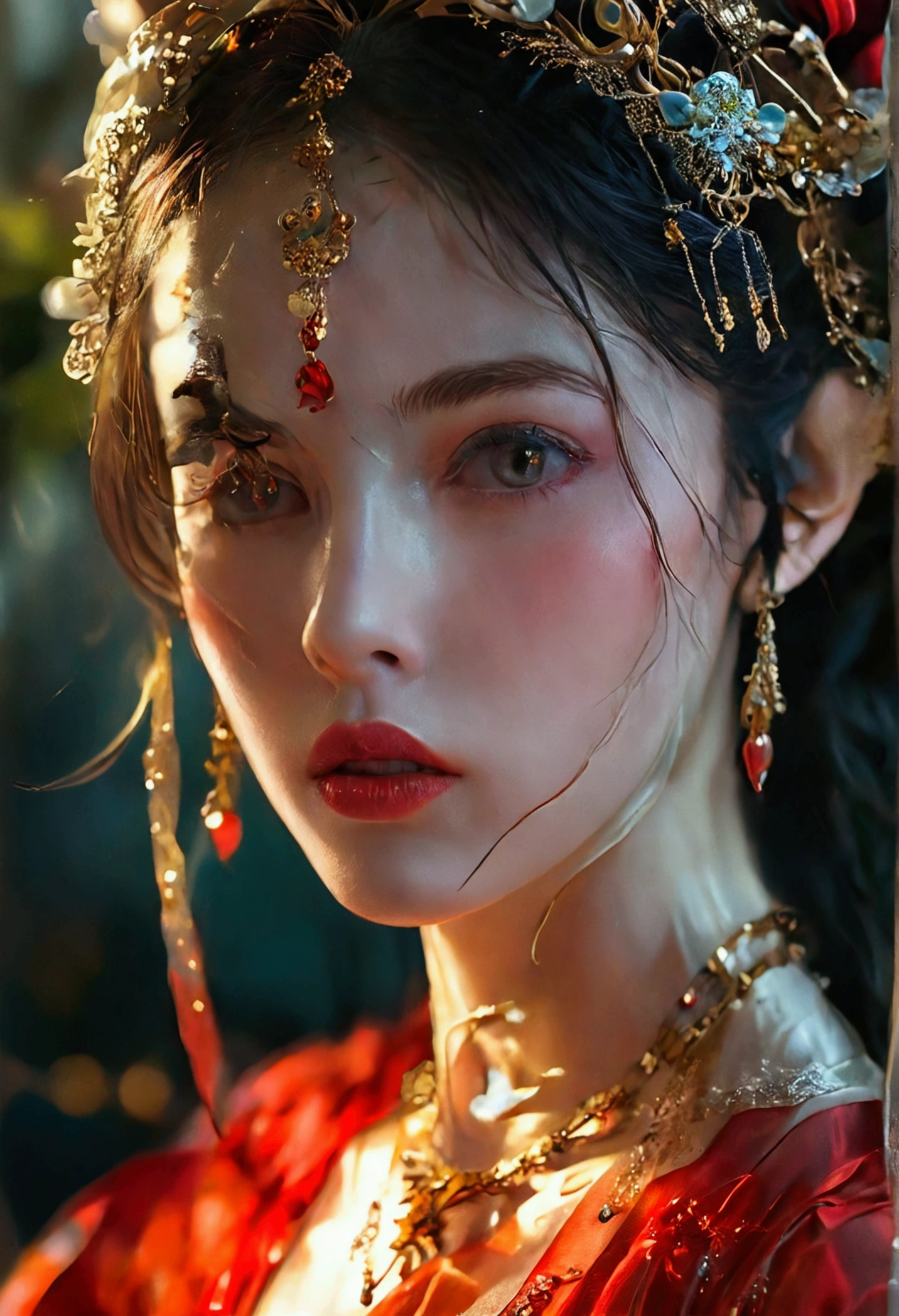 1 beautiful sexy woman，（（（Eyes are very fragile）））（（（Hair accessories）））（（（veil（24））））（（（veil））），necklace，Wearing a red transparent sexy silk dress， ((Radiant skin))（（（masterpiece）））， （（best quality））， （（Intricate details））， （（Surreal））（8K）