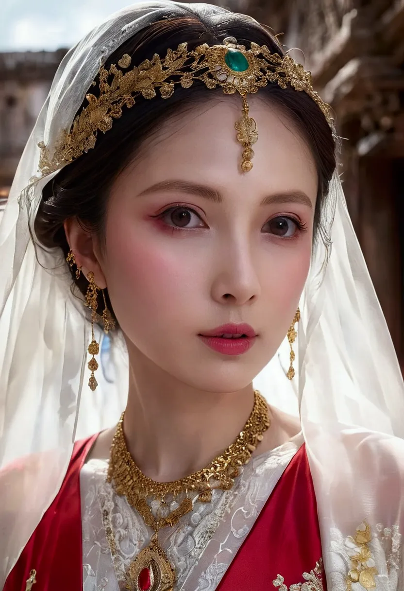 1 beautiful sexy woman，（（（Eyes are very fragile）））（（（Hair accessories）））（（（veil（24））））（（（veil））），necklace，Wearing a red transpar...