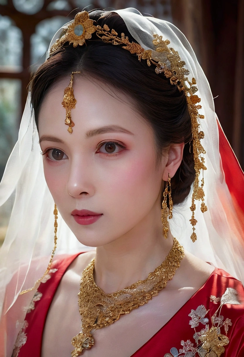 1 beautiful sexy woman，（（（Eyes are very fragile）））（（（Hair accessories）））（（（veil（24））））（（（veil））），necklace，Wearing a red transparent sexy silk dress， ((Radiant skin))（（（masterpiece）））， （（best quality））， （（Intricate details））， （（Surreal））（8K）