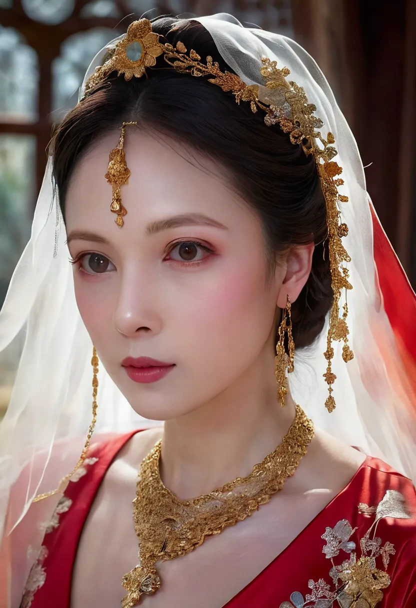 1 beautiful sexy woman，（（（Eyes are very fragile）））（（（Hair accessories）））（（（veil（24））））（（（veil））），necklace，Wearing a red transpar...