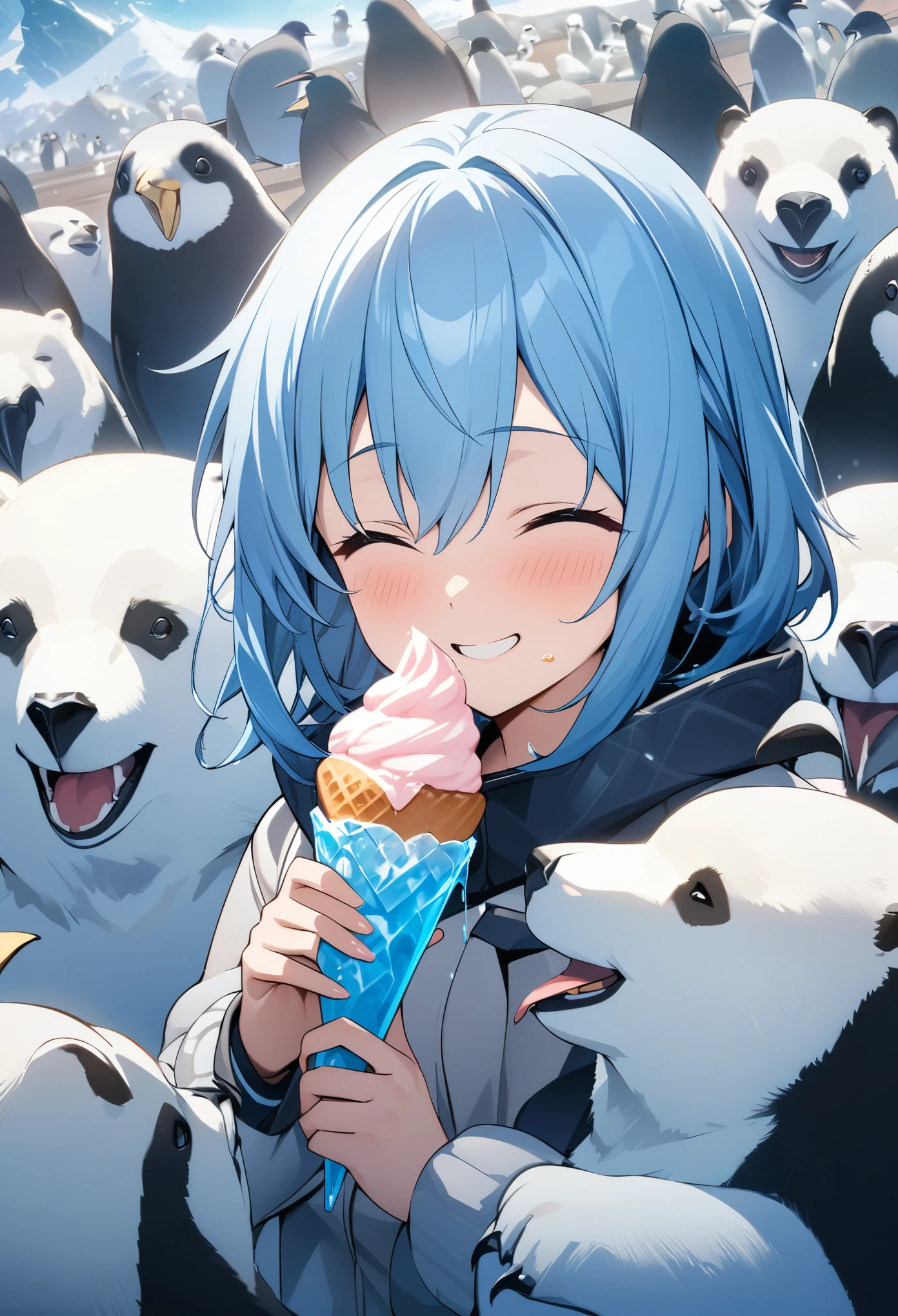 masterpiece, best quality, extremely detailed CG unity 8k wallpaper, Cool atmosphere、A girl eating ice cream on drift ice、Blue Hair、18-year-old、Surrounded by polar bears and penguins、All smiles、Cold wind blows、