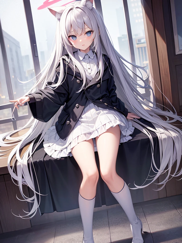 White silk tights，Short skirt，Boots，Lining，coat，White long hair，A cat lady，Loli，small headdress，White, light blue, light pink，Standing，Halo