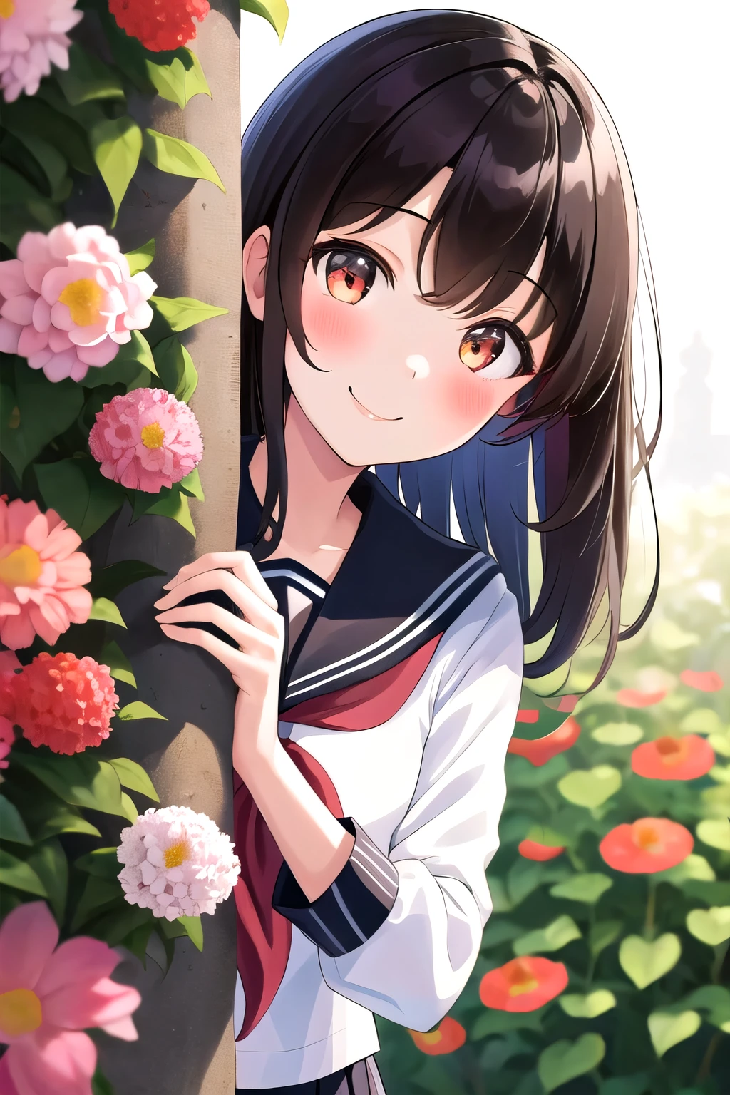 masterpiece, best quality, highres, 1girl smile, serafuku, peeking out upper body leaves, flowers