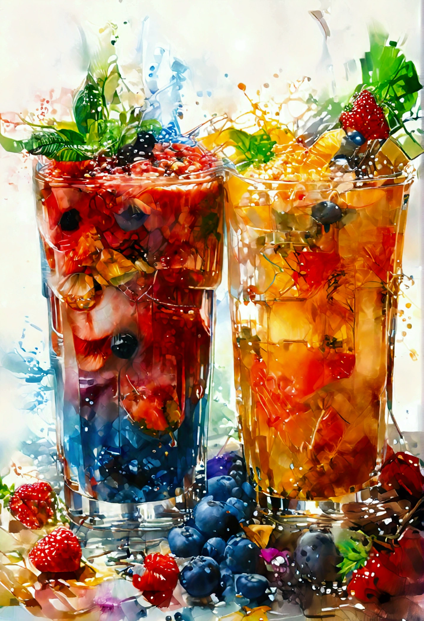 Es gibt zwei Arten von bunten gesunden Getränken in zwei Gläsern serviert, die Gläser stehen auf einer Oberfläche, Säfte, Smoothie und aromatisiertes Wasser , Illustration, isoliert mit solidem weißem Hintergrund, umgeben von negativem Raum, zentrierte Komposition, höchste detailreiche Malerei, sehr präzise Linie, isoliert, klarer, fester weißer Hintergrund, perspektivischer Blickwinkel, ((Aquarell:1.5)), (Lora:Detail hinzufügen-xl:1), (Meisterwerk), (beste Qualität), kein Brot auf dem Boden, verwaschene Farbe, oil and Aquarell painting