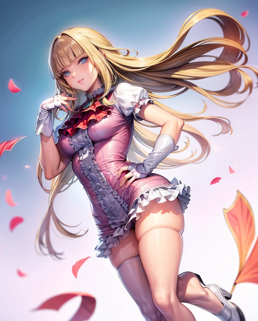 perfect eyes:1.2, detailed eyes:1.4, Emilie T8, blunt bangs, blue eyes, hands on hip, long hair, blonde hair, pink thighhighs, pink frilled dress, frilled ascot, fingerless gloves, smile, red eyeshadow:1.2, makeup:1.2, cowboy shot, 1girl, solo, (masterpiece:1.6, best quality), 8k, insane details, intricate details, hyperdetailed, hyper quality, high detail, ultra detailed, professional, HDR, ray tracing reflection, cinematic lighting,
