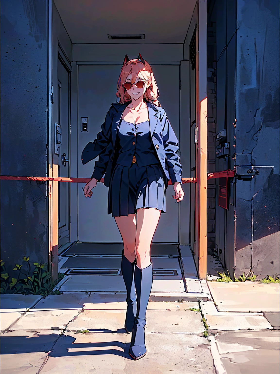 ((１woman:1.9)),((((Naked Tuxedo:1.2, clavicle, Police uniform，navy pleated skirt, Knee-high boots, Red Corner)))), masterpiece，Red Corner, ((Red Corner)), full body, (masterpiece, Highest quality, 8K, 1 person, A perfectly balanced body, Official Art、Highest quality、Unity 8K 壁紙、32k、masterpiece、Ultra-detailed、high resolution、Realistic、Photorealistic:1.2), , ((In a navy formal suit１woman:1.9)), Contrapposto, clavicle:1.2, Holding handcuffs, sunglasses:1.2 , Grin
