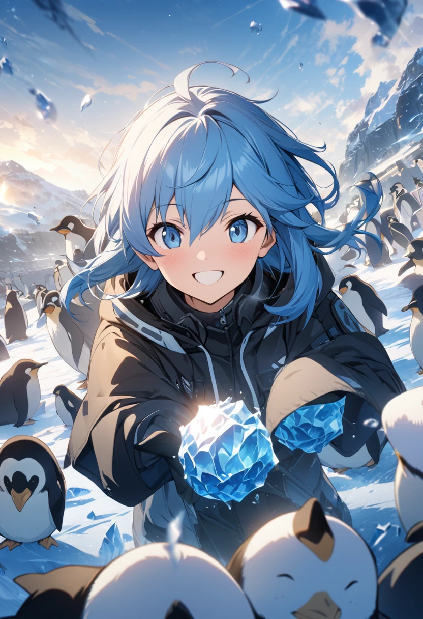 masterpiece, best quality, extremely detailed CG unity 8k wallpaper, Cool atmosphere、Throwing ice balls on drift ice、Blue Hair、18-year-old、Surrounded by penguins、All smiles、Cold wind blows、