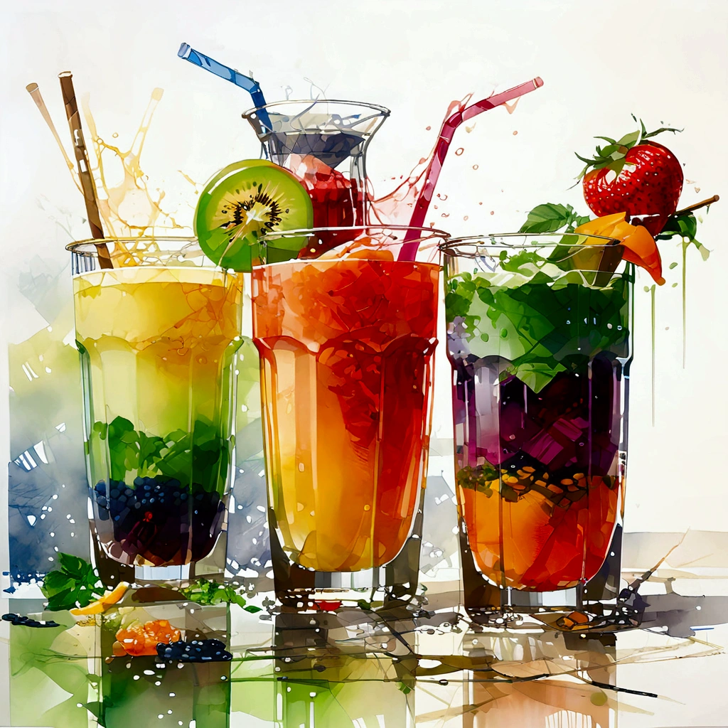 Il y a deux types de boissons saines et colorées servies dans deux verres, les lunettes posées sur une surface, jus, smoothie et eau infusée , [illustration, isolé avec un fond blanc uni, entouré d&#39;un espace négatif, composition centrée, peinture la plus détaillée, ligne très précise, Isolé, fond blanc uni clair, angle de vue en perspective, ((aquarelle:1.5)), (lora:ajouter-détail-xl:1), (chef-d&#39;œuvre), (Meilleure qualité), pas de pain par terre, couleur délavée, oil and aquarelle painting