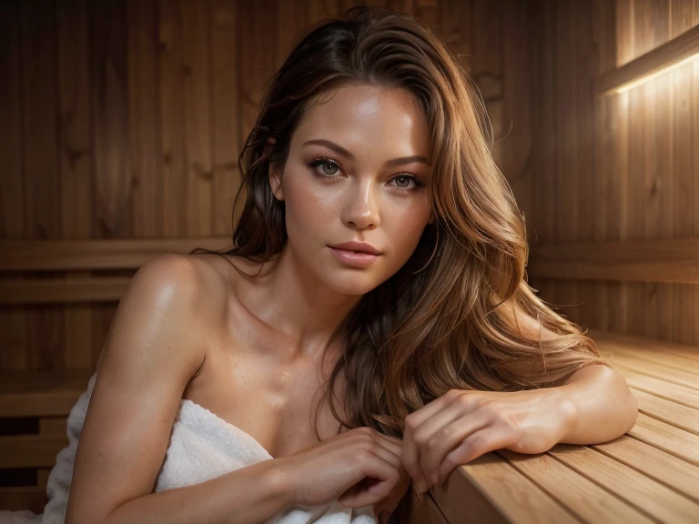 (high quality, realistic:1.2), portrait, beautiful flowing hair, beautiful Becki Newton, (muscular:1.1), (athletic body:1.0), (muscular body:1.3), (bulky:1.1), inside_sauna, wearing towel, hot, (sweaty:1.2), steamy, detailed eyes, luscious lips, sensual gaze, luxurious texture, shimmering highlights, soft shadows, subtle smile, impeccable makeup, perfect skin tone, varied golden hues, mesmerizing presence, extraordinary attention to detail, immaculate shading, flawless complexion, expressive eyebrows, long eyelashes, graceful pose, stylish and confident demeanor, striking contrast, professional photography, rich color palette, subdued lighting, subtle bokeh effects, glowing complexion, meticulously crafted features, exquisite realism, artistic sophistication, midshot.