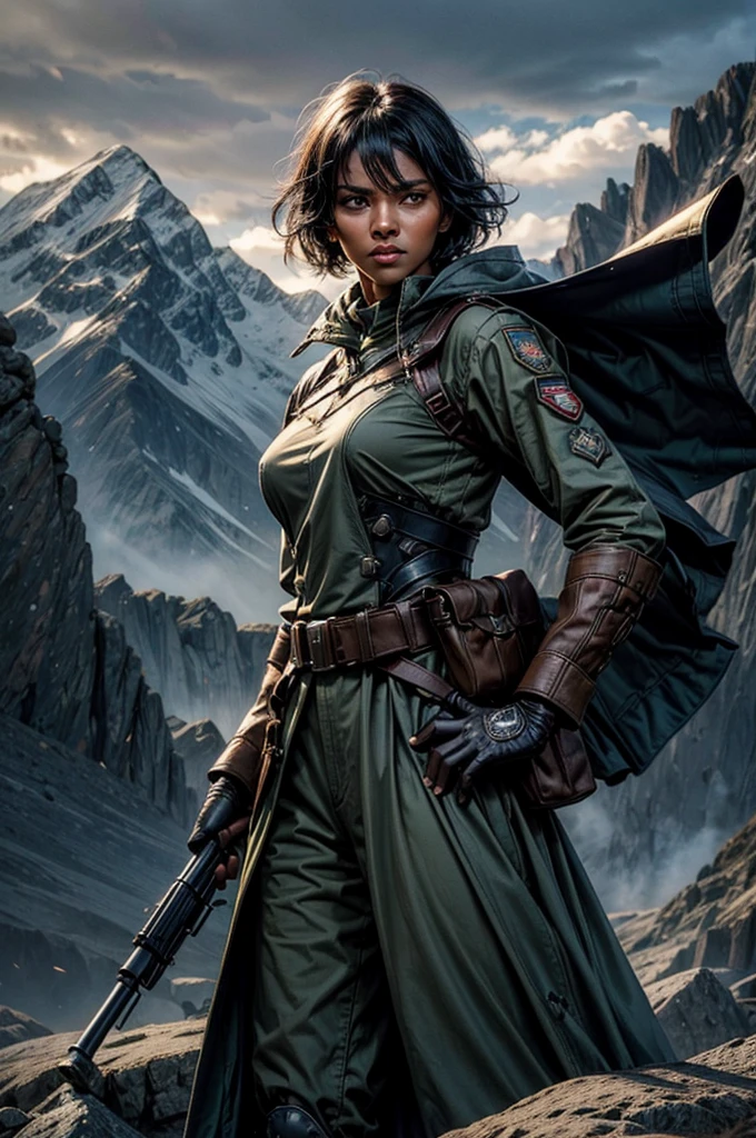 MariaCalavera, dark skin, black hair, short hair, silver eyes, military uniform, cowboy shot, (dynamic pose), standing in field in valley, BREAK mountains in background, waterfall, crowd, (crowd in military uniform), (volumetric lighting), intricate details, tonemapping, sharp focus, hyper detailed 