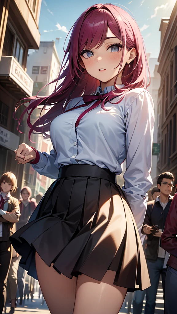 a masterpiece, best quality, highres, absurdres, 1girl, crowd, skirt, wind blowing skirt up, laced underwear, pink hair, marin kitagawa, from below, revealing clothes, skindentation, outdoors, sunlight, street, looking at viewer, blush, detailed face, beautiful detailed eyes, beautiful detailed lips, extremely detailed face, long eyelashes, cinematic lighting, depth of field, volumetric lighting, photorealistic, digital painting, concept art, vibrant colors, dynamic pose