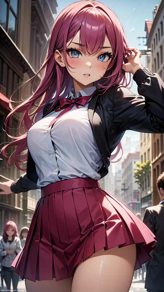 a masterpiece, best quality, highres, absurdres, 1girl, crowd, skirt, wind blowing skirt up, laced underwear, pink hair, marin kitagawa, from below, revealing clothes, skindentation, outdoors, sunlight, street, looking at viewer, blush, detailed face, beautiful detailed eyes, beautiful detailed lips, extremely detailed face, long eyelashes, cinematic lighting, depth of field, volumetric lighting, photorealistic, digital painting, concept art, vibrant colors, dynamic pose