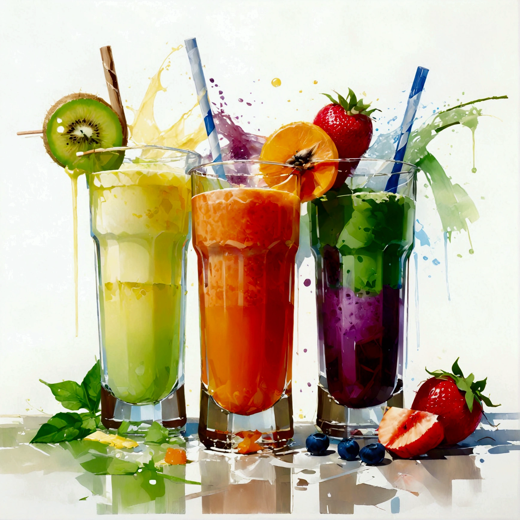 here are two types of colorful healthy drinks, two glasses, the glasses sitting on a surface, juices, smoothie and infused water , illustration, isolated with solid white background, surrounded with negative space, centered composition, highest detailed painting, very precise line, Isolated, clear (((solid white background))), perspective angle of view,  (lora:add-detail-xl:0), (masterpiece), (best quality),  oil and watercolor painting