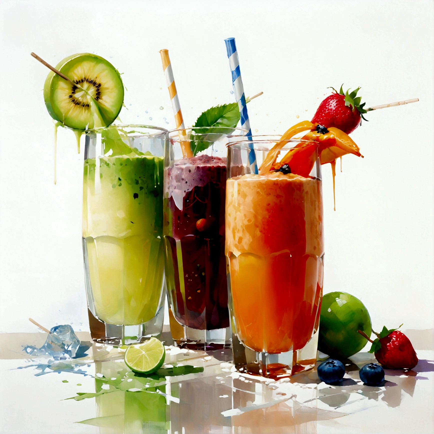 Aquí hay dos tipos de bebidas saludables y coloridas, dos gafas, Los vasos sentados en una superficie., jugos, batido y agua infusionada , ilustración, isolated with fondo blanco sólido, rodeado de espacio negativo, composición centrada, pintura más detallada, línea muy precisa, aislado, claro (((fondo blanco sólido))), ángulo de visión en perspectiva,  (lora:agregar-detalle-xl:0), (obra maestra), (mejor calidad),  pintura al oleo y acuarela