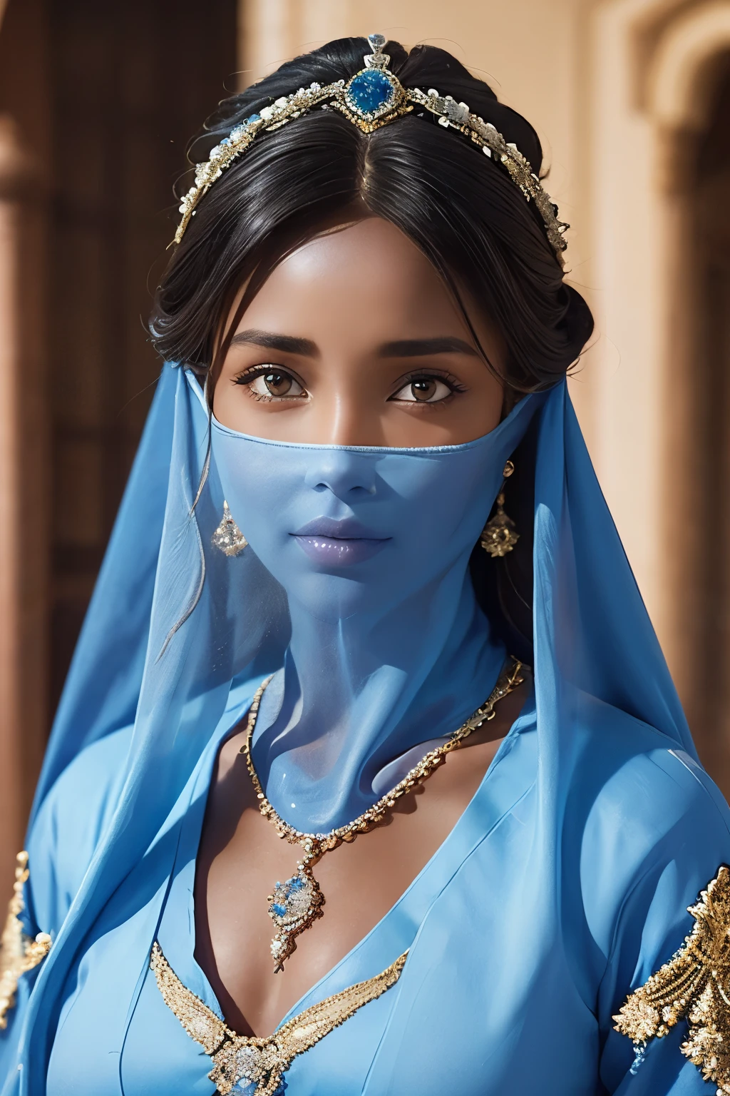 1 Beautiful Woman，Desert Princess，Aladdin，Dark skin（（（The eyes are very delicate）））（（（Hair accessories）））（（（veil：24））））（（（veil））），necklace，Wearing a blue conservative silk dress， ((Royal Palace))（（（masterpiece）））， （（best quality））， （（Intricate details））， （（Surreal））（8K）