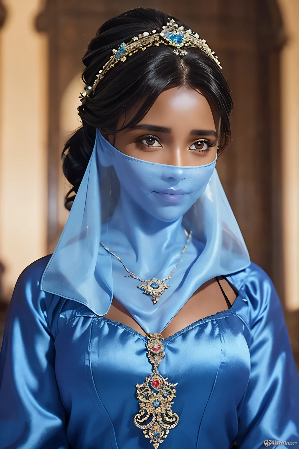 1 Beautiful Woman，Desert Princess，Aladdin，Dark skin（（（The eyes are very delicate）））（（（Hair accessories）））（（（veil：24））））（（（veil））），necklace，Wearing a blue conservative silk dress， ((Royal Palace))（（（masterpiece）））， （（best quality））， （（Intricate details））， （（Surreal））（8K）