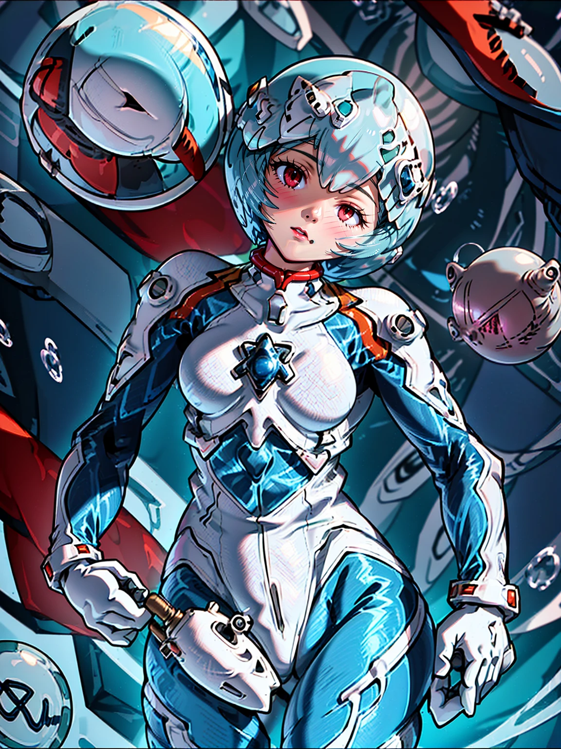 (((scuba helmet, bubble helmet,full-face helmet:1.4))), ((Highest quality, 8k wallpaper)),(masterpiece, Highest quality),Very detailed,High resolution,(Official Art:1.3),(((Anime screenshots,Black outline))),One girl,alone, Break mer1,(Rei Ayanami {Neon Genesis Evangelion,}1.2),masterpiece, best quality, outdoor, 1girl, Solo,red eyes,short hair,blue hair, (White plug suit:1.4), skin tight,(backlight, shaded face, cross-eyed, rolling eyes, empty eyes, jitome, raised eyebrows, one eye closed:1.3),(((独奏, cowboy shot:1.6))),