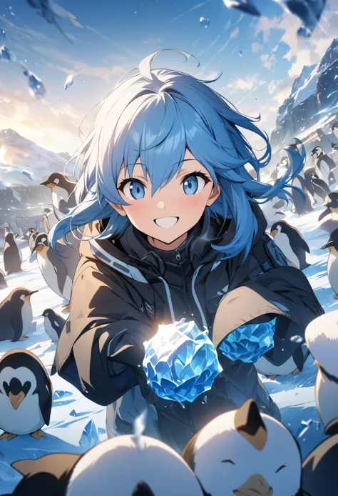 masterpiece, best quality, extremely detailed cg unity 8k wallpaper, cool atmosphere、throwing ice balls on drift ice、blue hair、1...